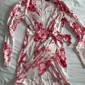 White floral satin plunge mini dress